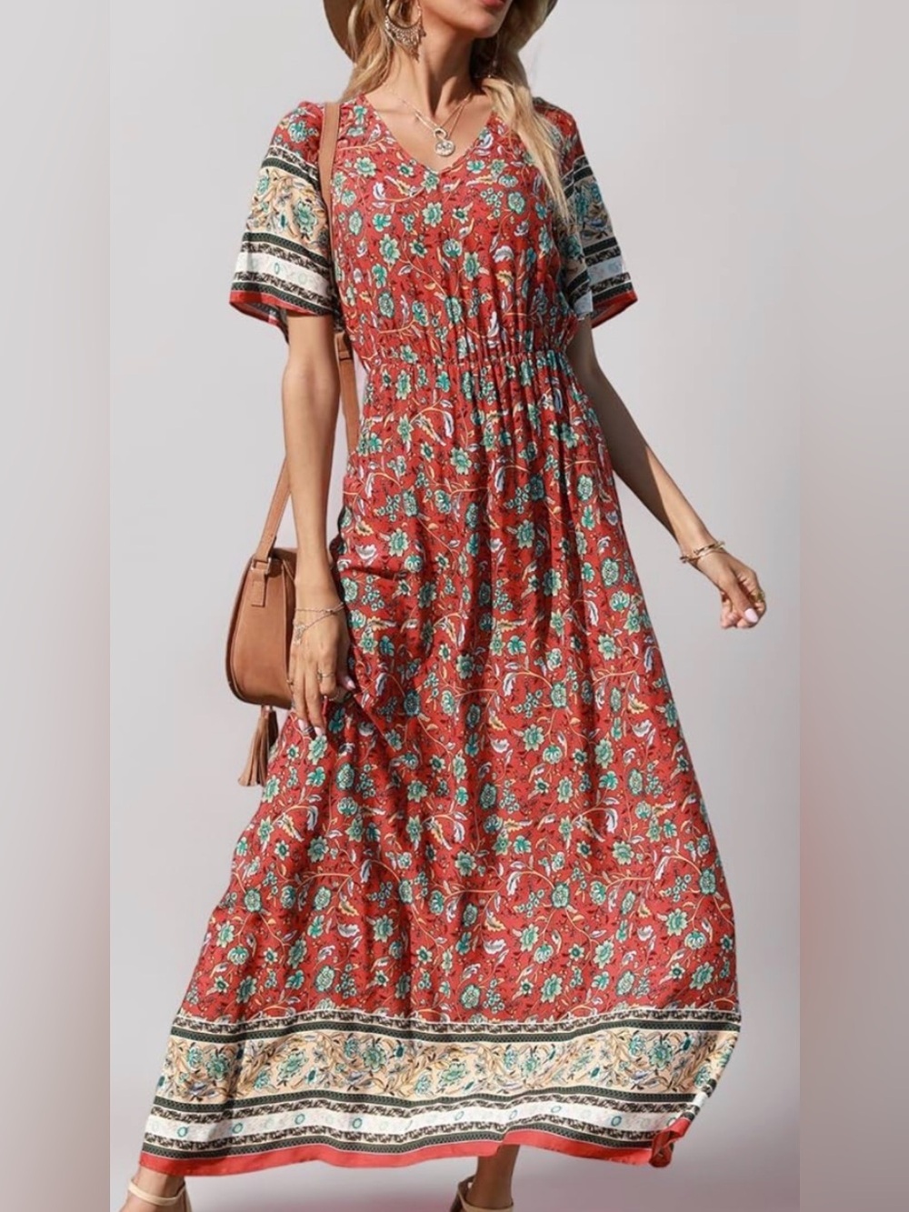 NWT Bohemian Red Floral Maxi Dress with Smocked Waist